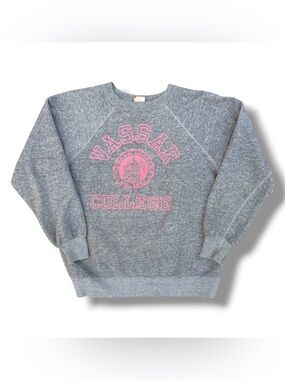 Vintage 70s-80s Artex Vassar College Flock Print Sweatshirt Gray Size Medium USA